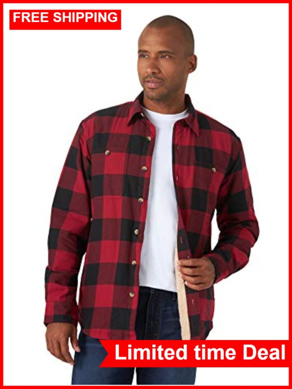 Men's Sherpa Lined Shirt Jacket Flannel Button Down Long Sleeve Winter Warm